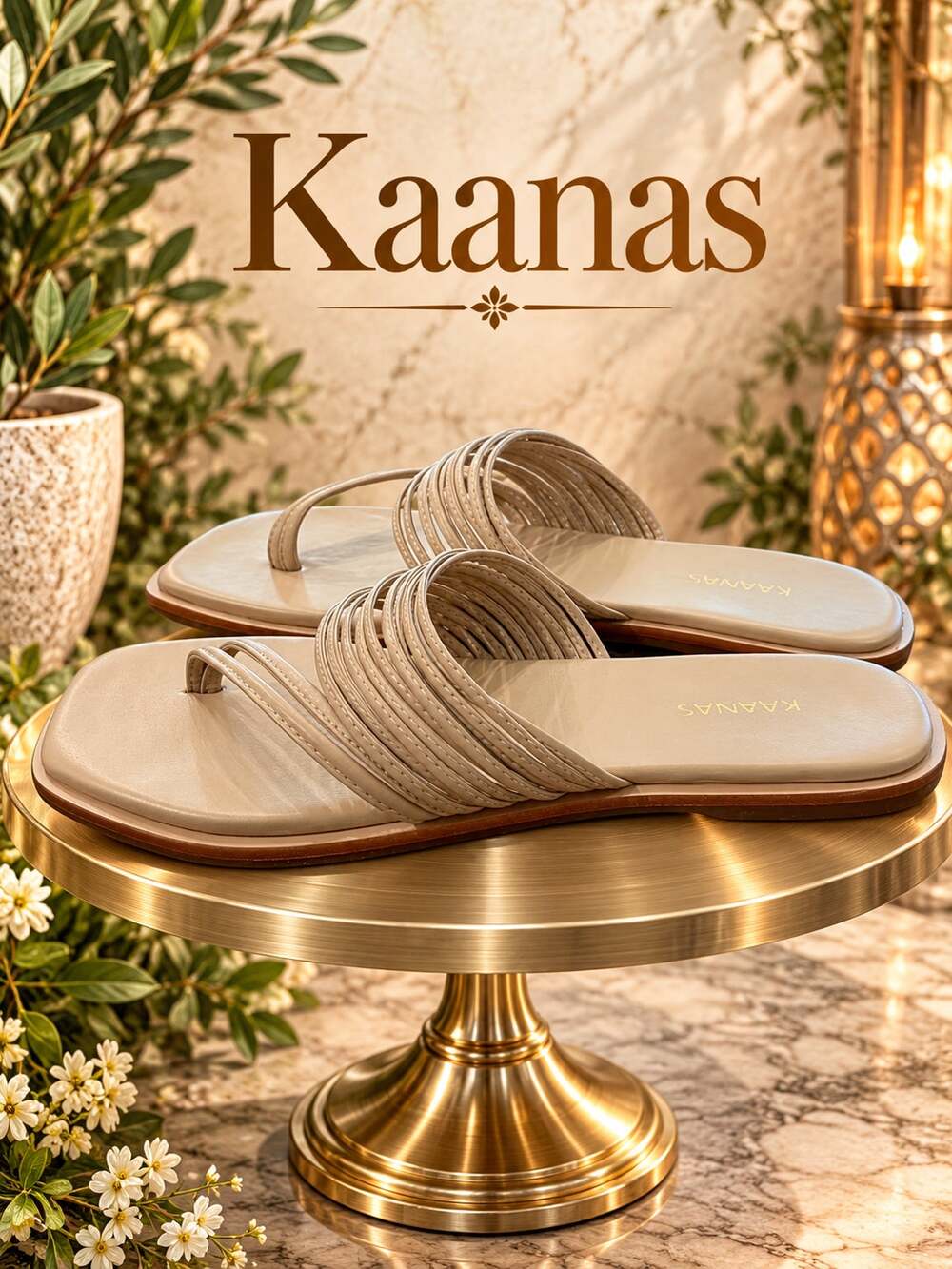 KAANAS Women’s Beige Strappy Toe Loop Flat Slide Sandals Size 8M